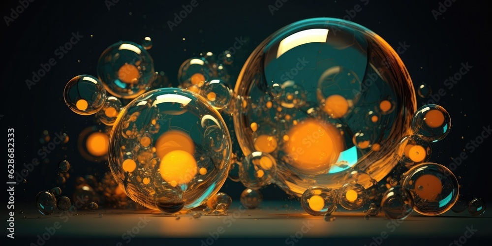 Golden bubbles in the form of rounded forms in the style of realistic oil on a dark background.