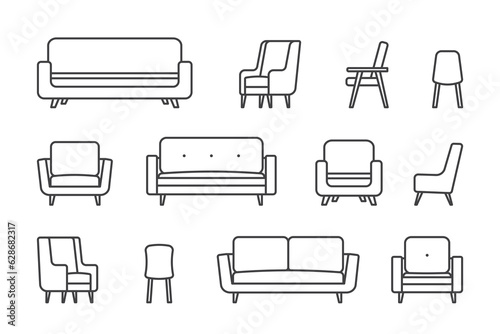 Cozy home interior design icons set. Interior furniture. Sofa, armchair, chair. Vector line illustration on white background