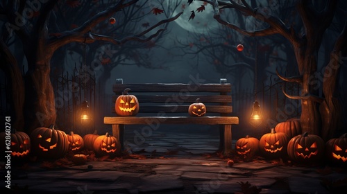 A spooky forest sunset with a haunted evil glowing eyes of Jack O' Lanterns on the left of a wooden bench on a scary halloween night Generative AI