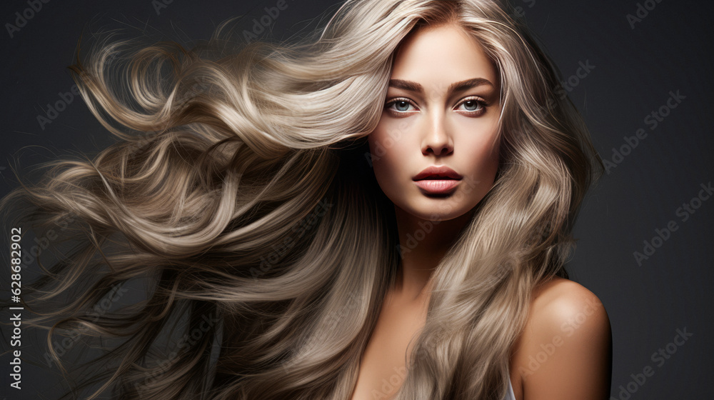 Beautiful blonde girl with very long well-groomed smooth hair. Develop. Advertisement for hairdresser, beauty salon, hair banner. AI generation Beautiful blonde girl with very long well-groomed smooth hair. Develop. Advertisement for hairdresser, beauty salon, hair banner. AI generation