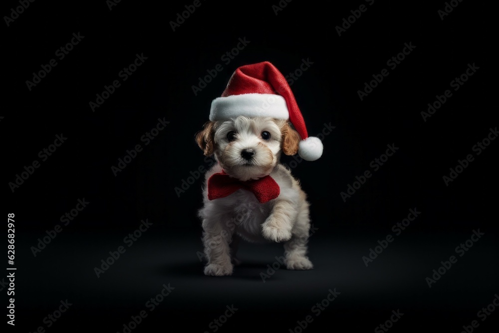 Cute puppy in Santa Claus hat or christmas red cap. Poodle dog. AI generated, human enhanced