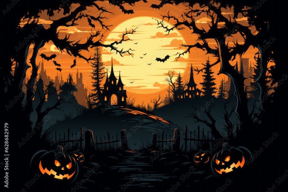 Cartoon background with bats. Halloween concept. Backdrop with selective focus and copy space