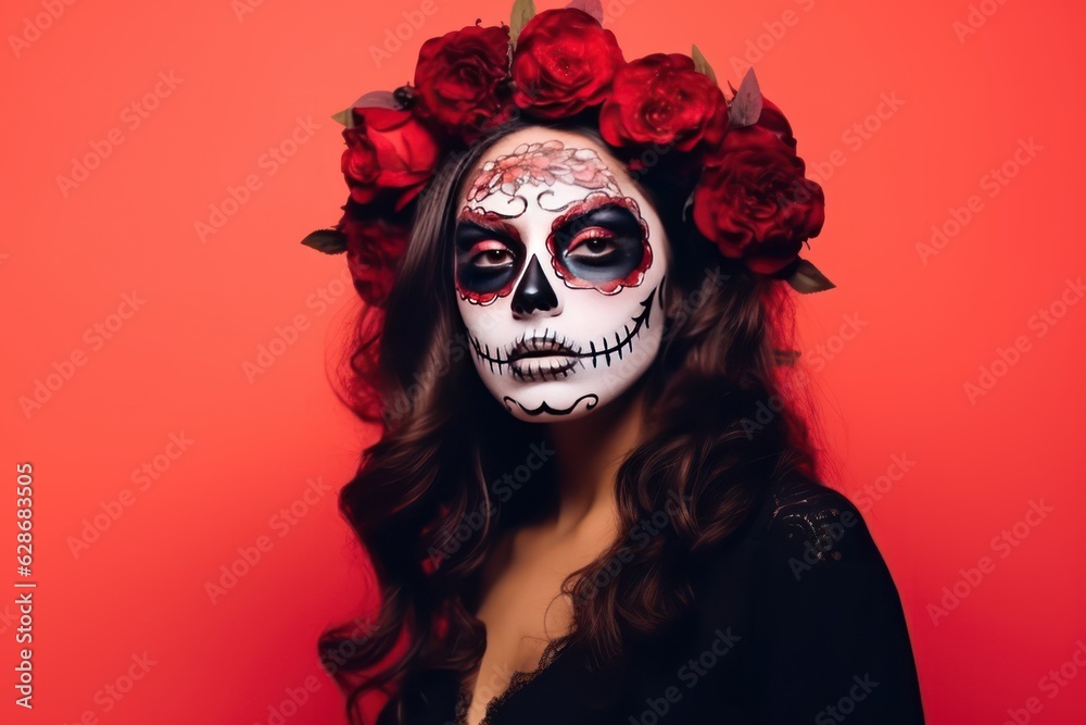 Studio shot of lovely woman wears halloween makeup, dressed in black outfit, red wreath, has zombie image, looks with scaring expression, isolated over rosy background, free space for your promotion