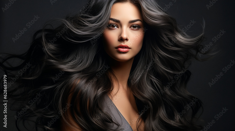 Beautiful brunette girl with very long well-groomed smooth hair. Develop. Advertisement for hairdresser, beauty salon, hair banner. AI generation