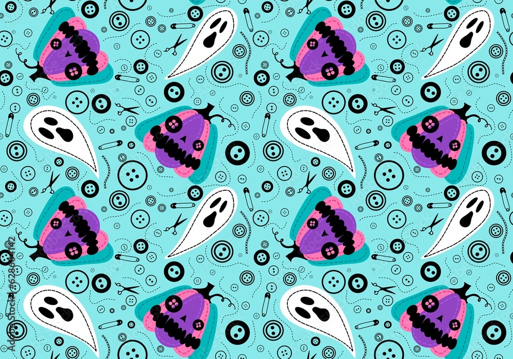 Naklejka premium Halloween sewing monsters seamless pumpkins and ghost and buttons and scissors pattern for fabrics