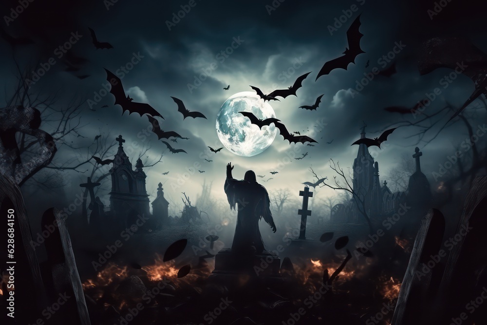 Zombie Rising Out Of A Graveyard cemetery In Spooky scary dark Night full moon bats on tree. Holiday event halloween banner background concept