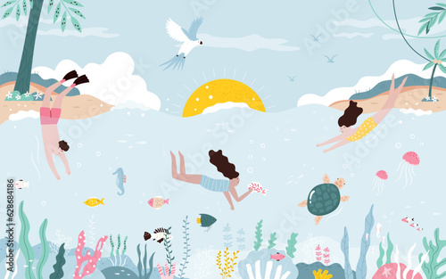 Vector colorful illustration of swimming diving people exploring underwater world with tropical fishes, turtle.