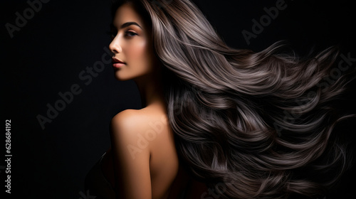 Beautiful brunette girl with very long well-groomed smooth hair. Develop. Advertisement for hairdresser, beauty salon, hair banner. AI generation