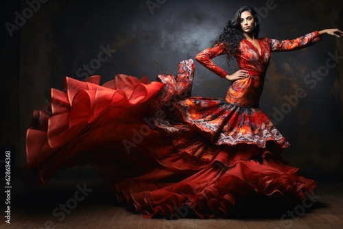 An attractive flamenco dancer in an elaborate dress.