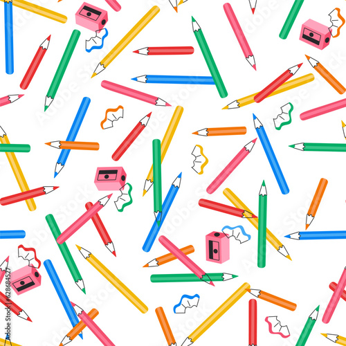 Color pencils seamless pattern, sharpeners and wood shavings. Preschool supply, art tools. Education, back to school concept. Vector illustration isolated on white background