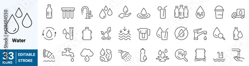 water linear icon collection real estate. Drop Water, Mineral Water, Low and High Tide, Shower, Plastic Bottle and Glass. Editable stroke. Vector illustration