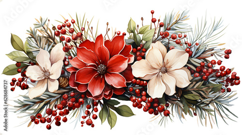 colorful christmas floral arrangement in watercolor clipart design isolated against transparent background