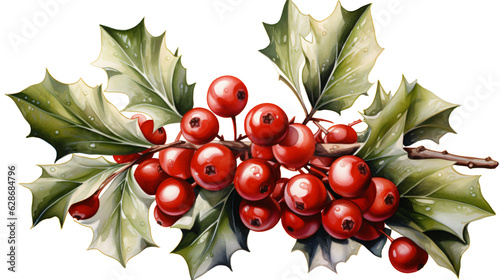 colorful christmas ilex with berries in watercolor clipart design isolated against transparent background