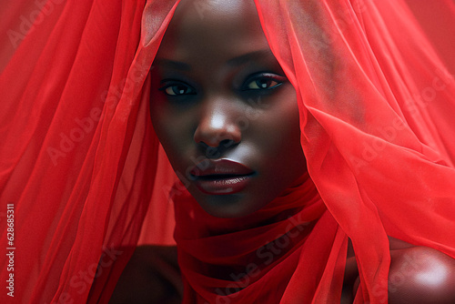 portrait of a dark-skinned woman with a red veil in the style of deconstructivism, a very tender and sensual photograph. Fashion photo.. ai generation