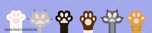 set of cat paws wallpaper, legs, dog paw, cat  on violet background, kitten flat design, prints, cartoon, cute cat foot wallpaper vector illustration 
