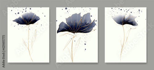 Luxury art background with watercolor flowers with gold elements art line hand drawn. Botanical set for poster design, print, wallpaper, interior design, packaging, textile.