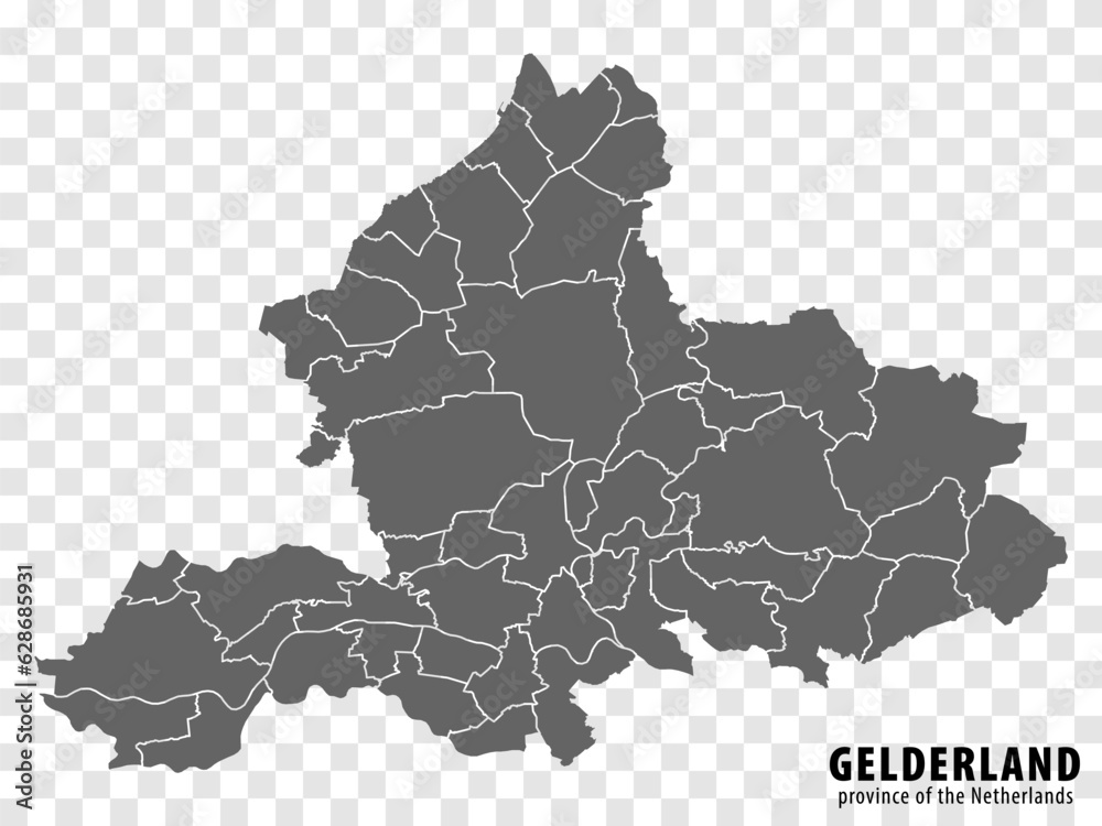 Blank map Province Gelderland of Netherlands. High quality map Gelderland with municipalities on transparent background for your web site design, logo, app, UI.  EPS10.