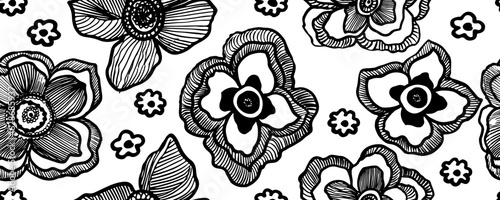 Seamless pattern with beautiful flowers. Hand-drawn bold brush style. Abstract black geometric flowers, stylized orchid with stem and decorative leaves. Botanical ornament in retro style.