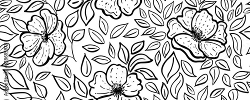 Trendy floral seamless pattern for fabric design. Flowers in Japanese style black and white texture. Summer vector illustration. Abstract grunge texture. Hand drawn brush pattern.