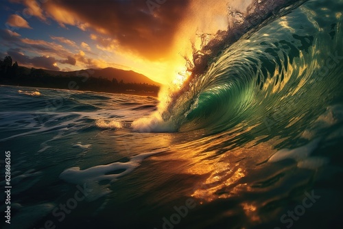 Wave formation in the sea accompanied by the sunset and its harmonious appearance in a curved way.