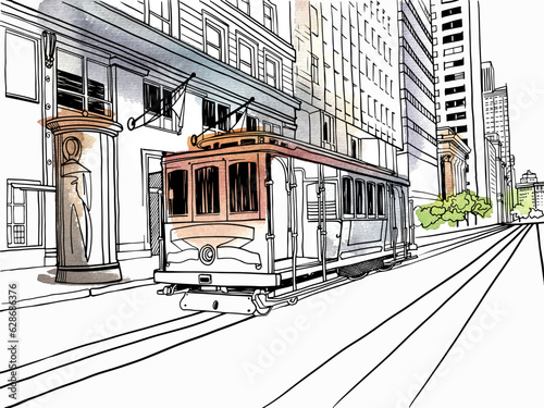 Cable Car in San Francisco. California streetcar. USA. Traditional California car. Hand drawn urban sketch. Digital illustration. Vector background watercolour. For postcards.