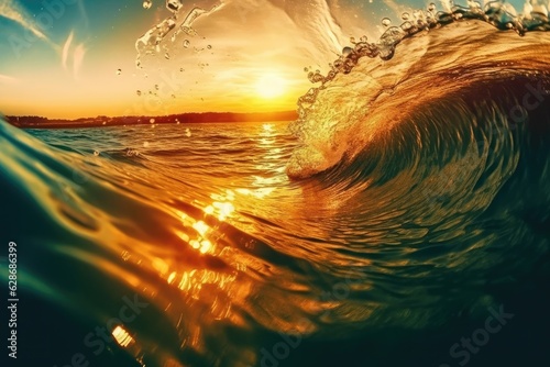 Fototapeta Naklejka Na Ścianę i Meble -  Wave formation in the sea accompanied by the sunset and its harmonious appearance in a curved way.