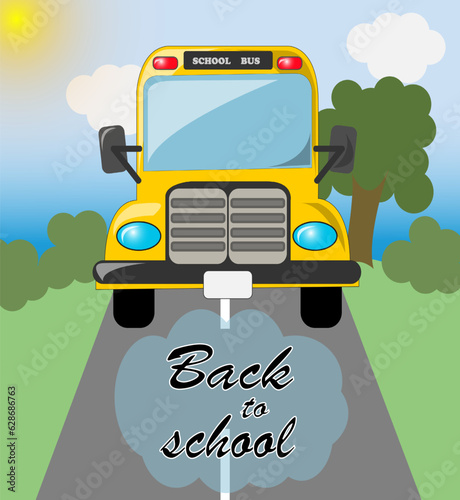 Back to school inscription and cartoon school bus. Trees and sky in the background. Hand drawn lettering. Back to school concept. Vector illustration.