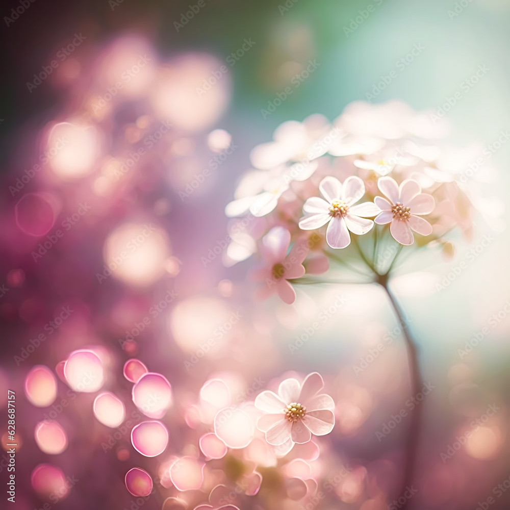 Flower field, meadow flowers in soft warm light. Summer landscape blurry nature background.