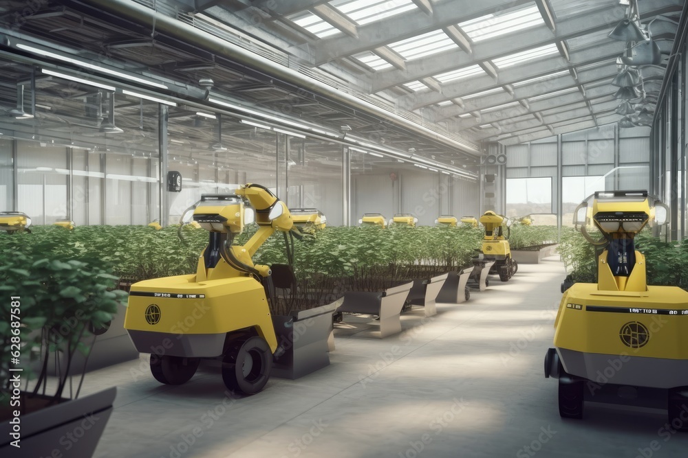 Fototapeta premium Photograph describing agricultural production using technological tools and robots.