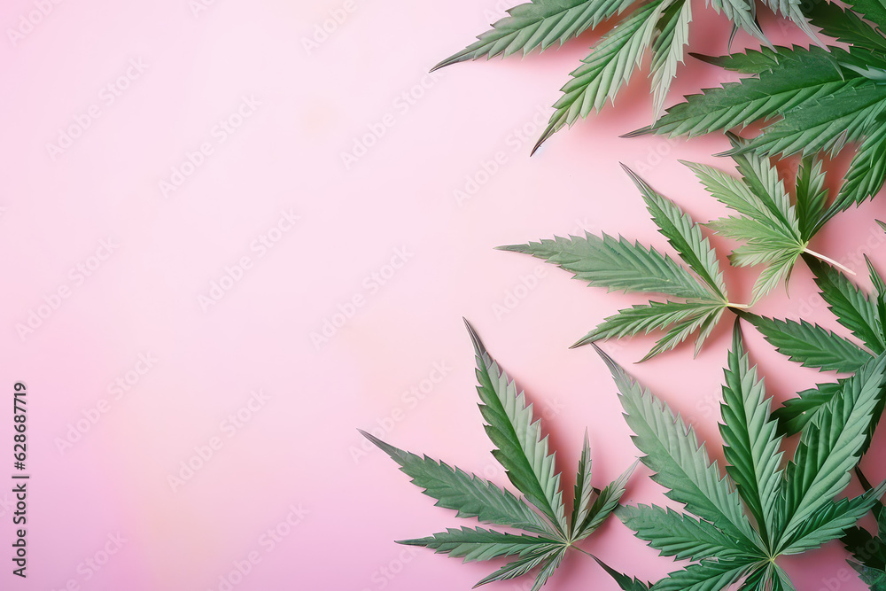 Fresh cannabis leaves lay on a flat surface with copy space for text. Light pastel green and pink colors. Marijuana banner template. Fresh cannabis leaves lay on a flat surface with copy space for text. Light pastel green and pink colors. Marijuana banner template.