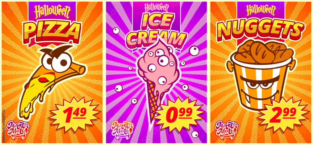 A set of comic menus with nuggets, ice cream, pizza for a fast food cafe for Halloween. Vector illustration.