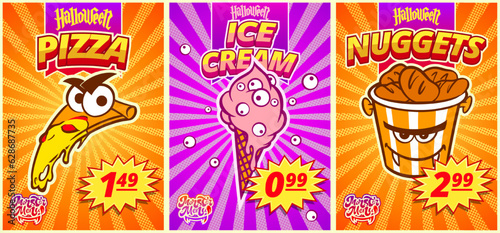 A set of comic menus with nuggets, ice cream, pizza for a fast food cafe for Halloween. Vector illustration.