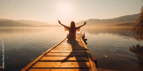  Woman Sitting on Pier, Arms Raised and Eyes Smiling with Excitement, Feet Covered with Water, Embracing Summer by the Lake, Kissed by Sun and Mountain View