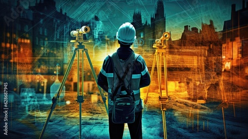 Photo depicting the multi-layered measurement of the engineer examining the building structure using digital technology.