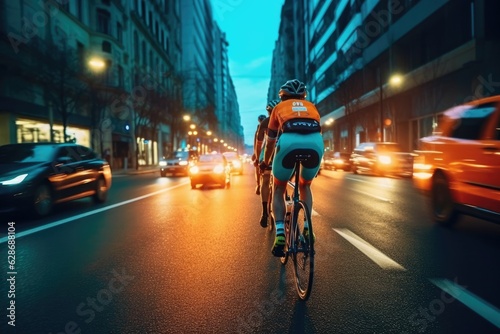 Photo of cyclists racing on the street in the foreground.