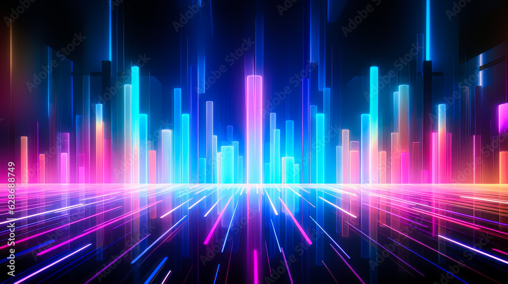 visualization illuminated by neon light. Glowing geometric shape, futuristic sci-fi shape of neon light on black background and reflective concrete with empty space for text. ai generation visualization illuminated by neon light. Glowing geometric shape, futuristic sci-fi shape of neon light on black background and reflective concrete with empty space for text. ai generation