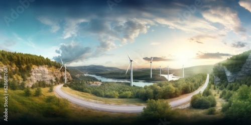  Panorama of Wind Turbine, Trees, Road, Wind Project, Glass Hyperloop Pipeline, and Electric Car, Embracing Green Energy and Eco-Friendly Transportation Innovations