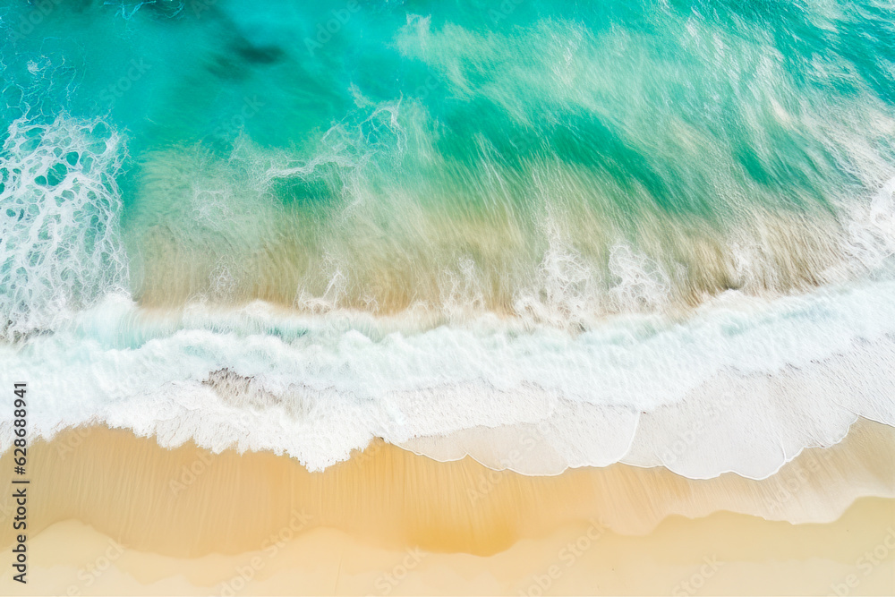 Turquoise water background from a top view, waves arriving on a sandy beach, Coast as background from above.. ai generation Turquoise water background from a top view, waves arriving on a sandy beach, Coast as background from above.. ai generation
