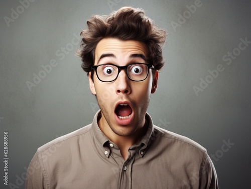 Portrait of young man with shocked and surprised facial expression face photo