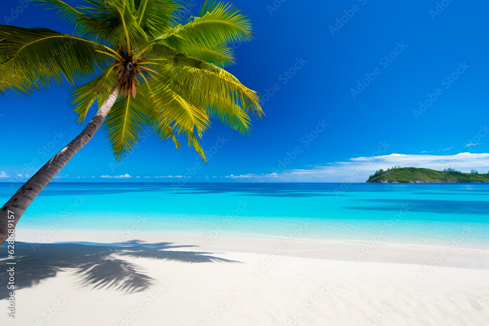 beach with palm trees and blue water, tropical island, beautiful in the world wallpaper, landscape and background. ai generation