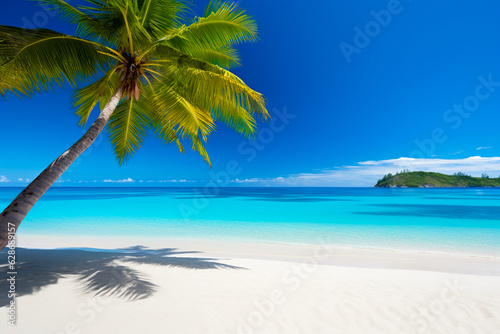 beach with palm trees and blue water, tropical island, beautiful in the world wallpaper, landscape and background. ai generation