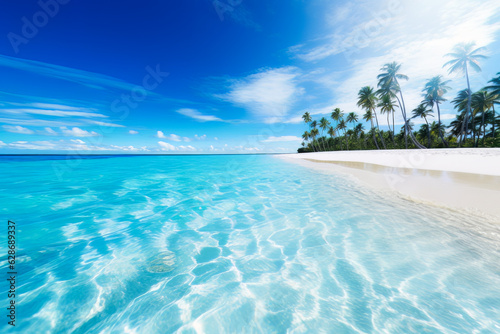 beach with palm trees and blue water, tropical island, beautiful in the world wallpaper, landscape and background. ai generation