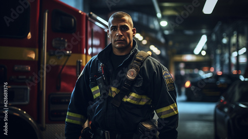Bravery Amongst the Towers: Urban Firefighter Portrait, Generative AI