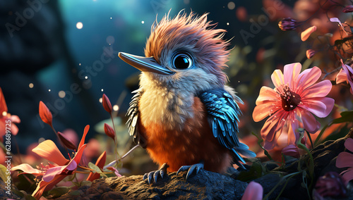 Cute cartoon of a baby hummingbird for illustrations for children. AI Generated