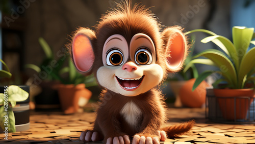 Cute cartoon of a baby monkey for illustrations for children. AI Generator