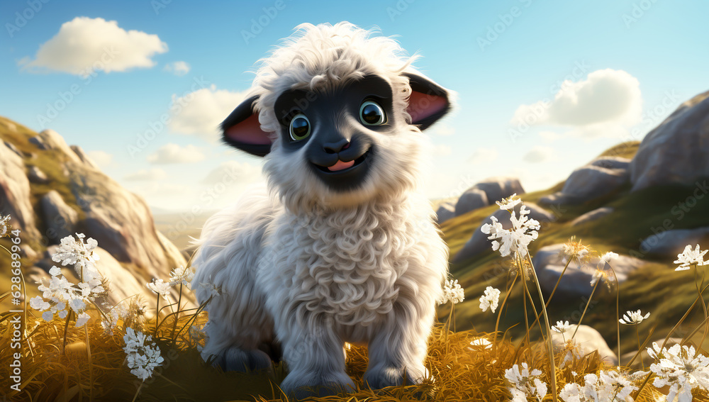 Fototapeta premium Cute cartoon of a baby sheep for illustrations for children. AI Generated