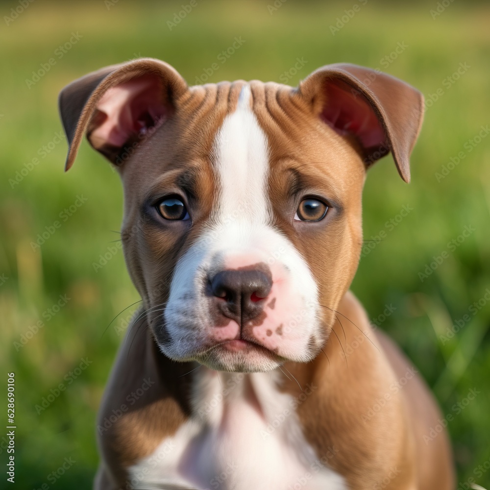 American Staffordshire Terrier puppy portrait on a sunny summer day. Closeup portrait of a cute purebred American Staffordshire Terrier pup in a green meadow. Outdoor portrait of puppy in summer field