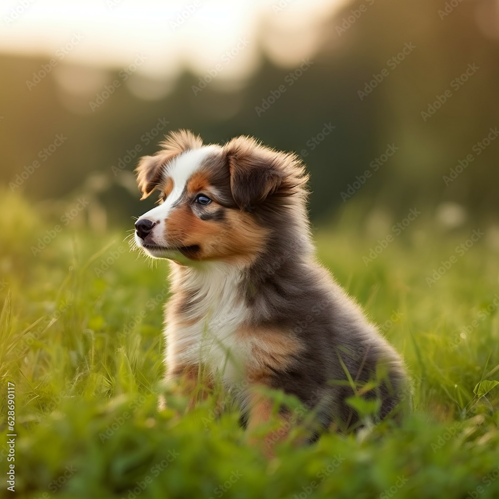 Australian shepherd puppy on the nature.  Beautiful Australian shepherd puppy outdoors portrait