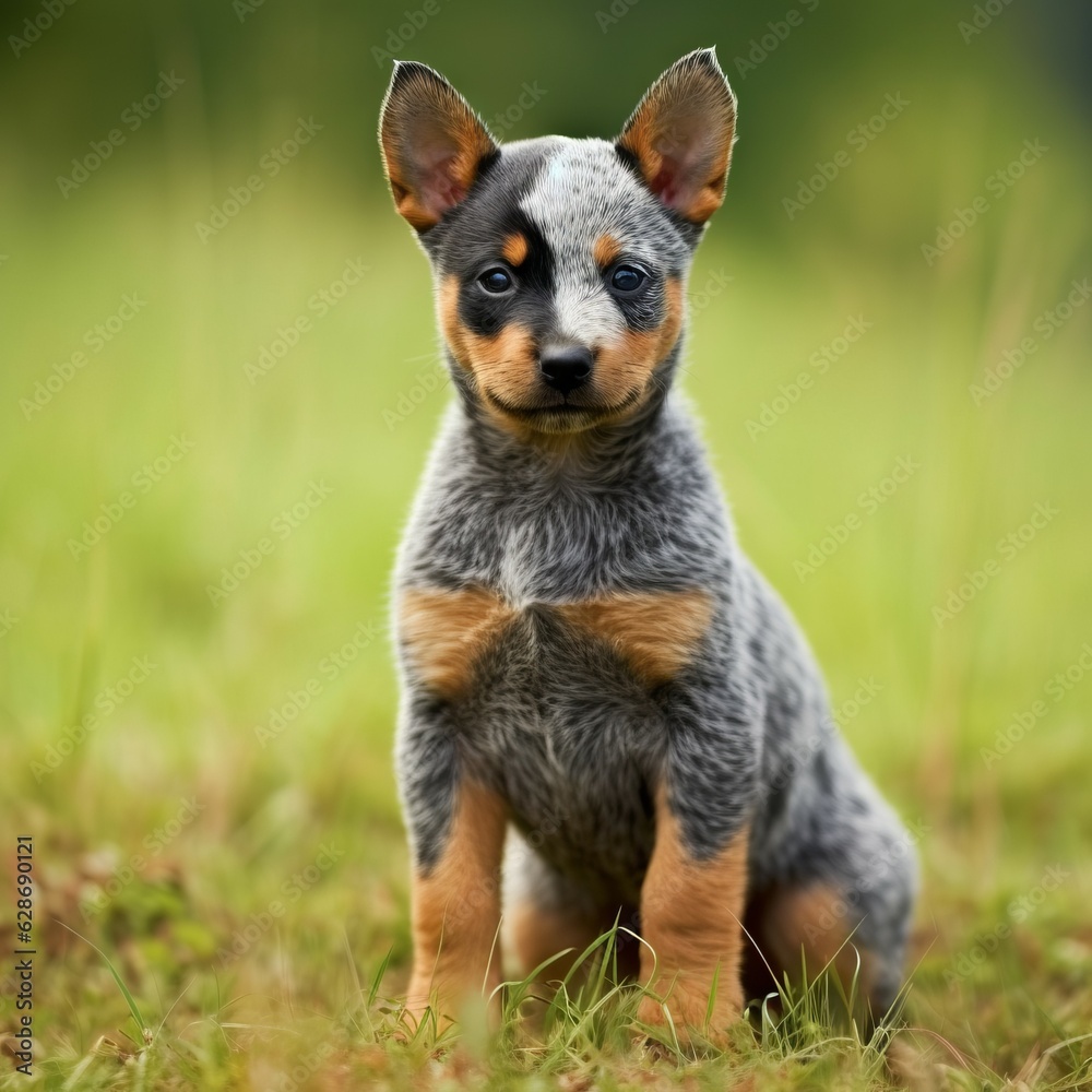 Australian Cattle Dog puppy sitting on the green meadow in summer green field. Portrait of a cute Australian Cattle Dog pup sitting on the grass with summer landscape in the background. AI generated