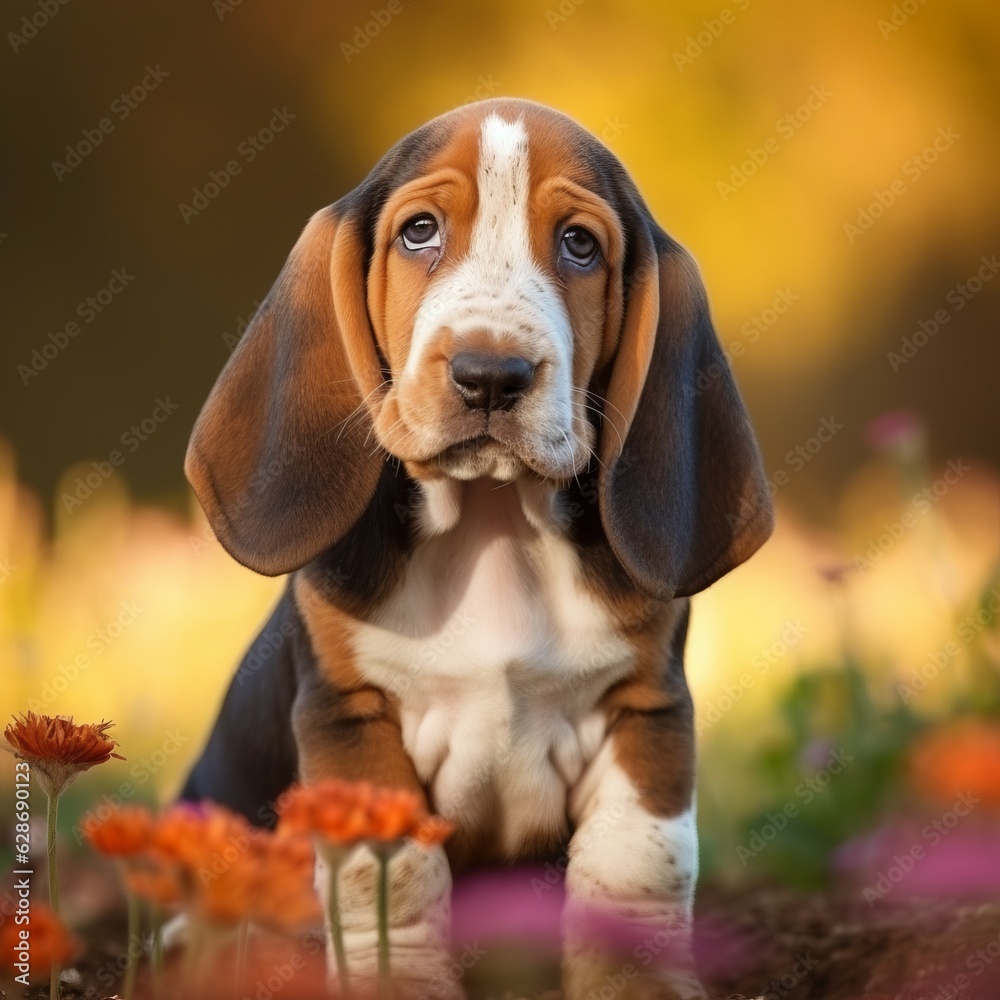 Basset Hound puppy portrait on a sunny summer day. Closeup portrait of a cute purebred Basset Hound pup in a field. Outdoor portrait of a beautiful puppy in summer field. AI generated dog illustration